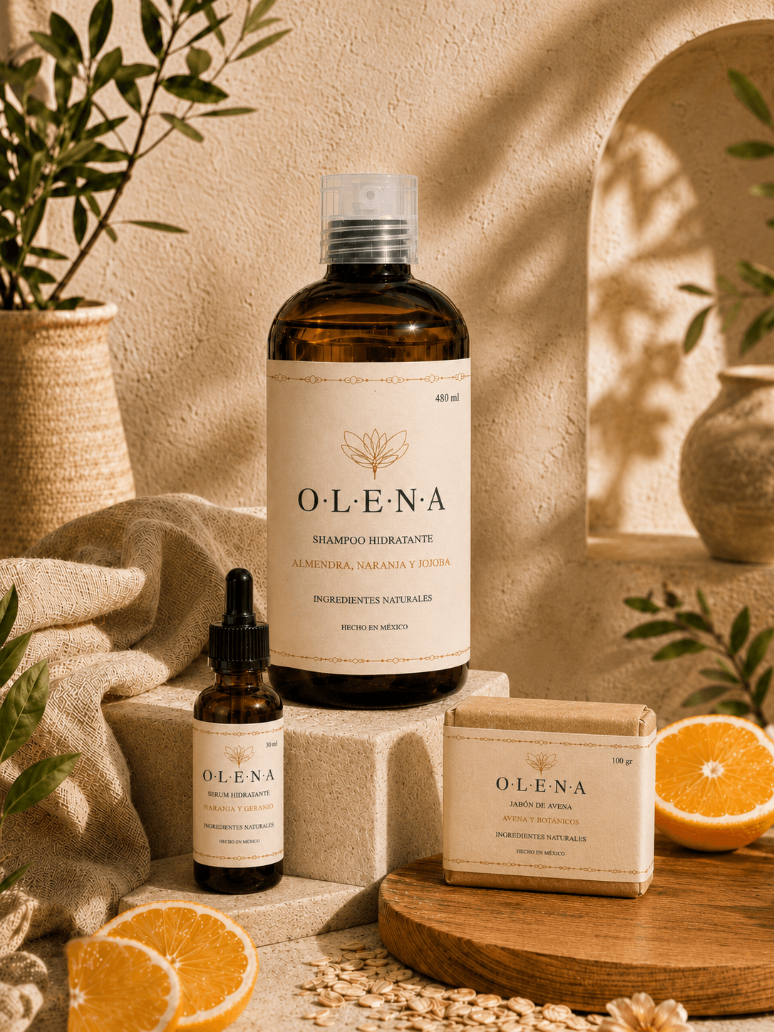 Banner OLENA con empaques reciclables, jabon artesanal, aceite y botanicos