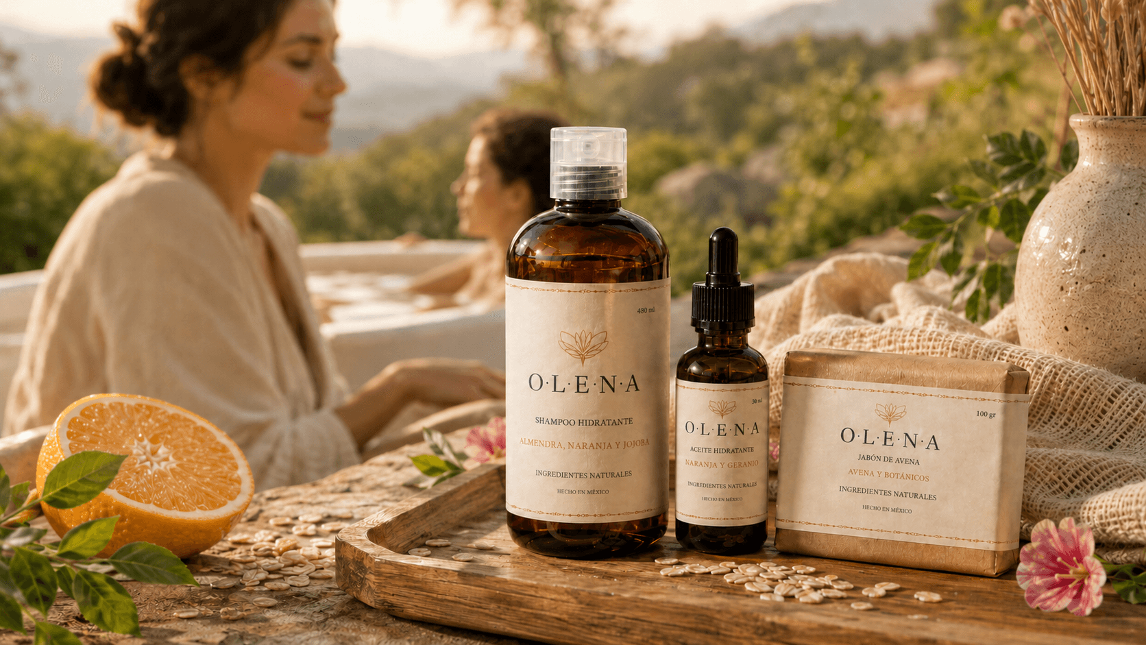 Banner OLENA con empaques reciclables, jabon artesanal, aceite y botanicos