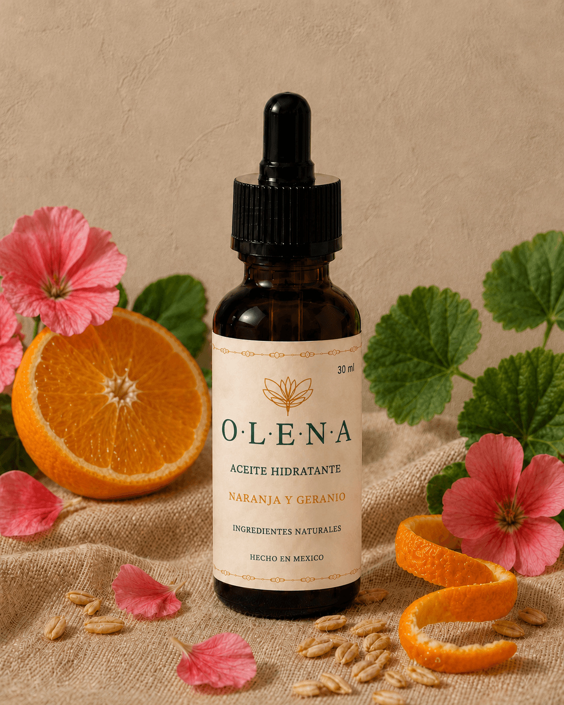 Serum nutritivo OLENA de naranja y geranio en botella ambar