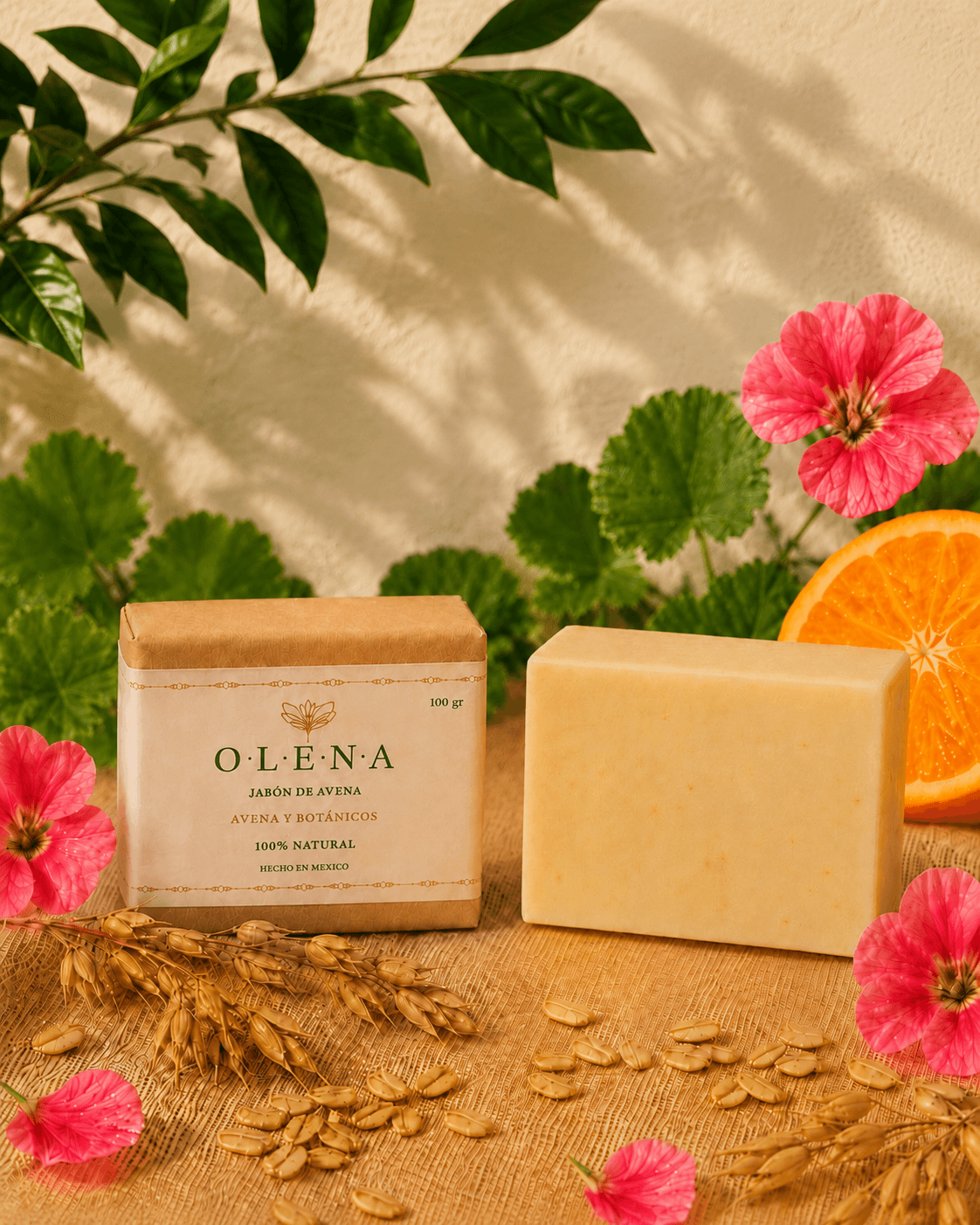 Ritual OLENA con jabon de avena, serum nutritivo, naranja, geranios y luz calida