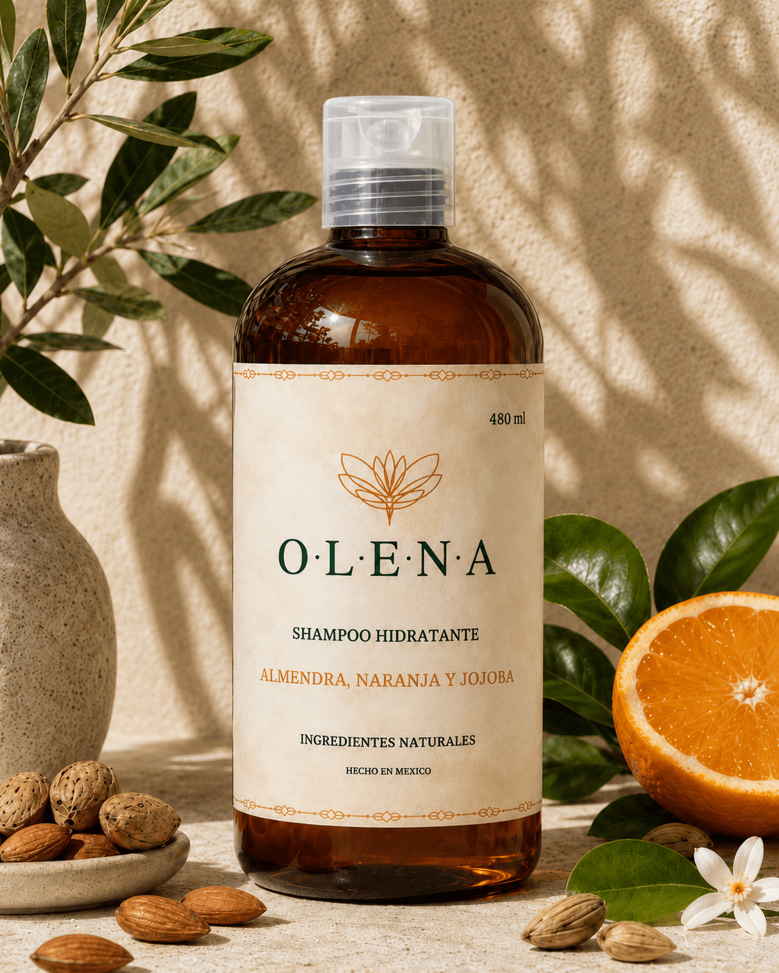 Banner OLENA con empaques reciclables, jabon artesanal, aceite y botanicos
