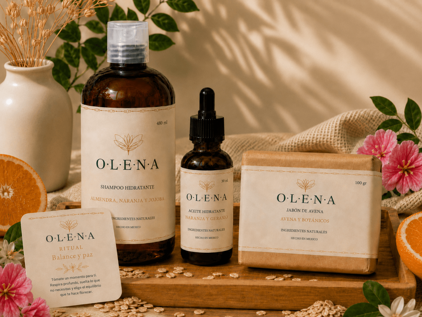 Kit OLENA con jabon artesanal, serum nutritivo y tarjeta de ritual
