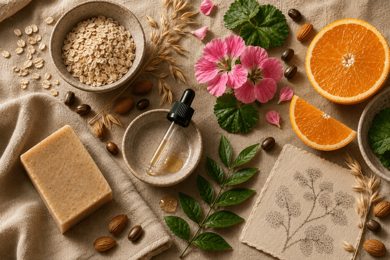 Ingredientes naturales de OLENA con avena, naranja, geranio y botanicos